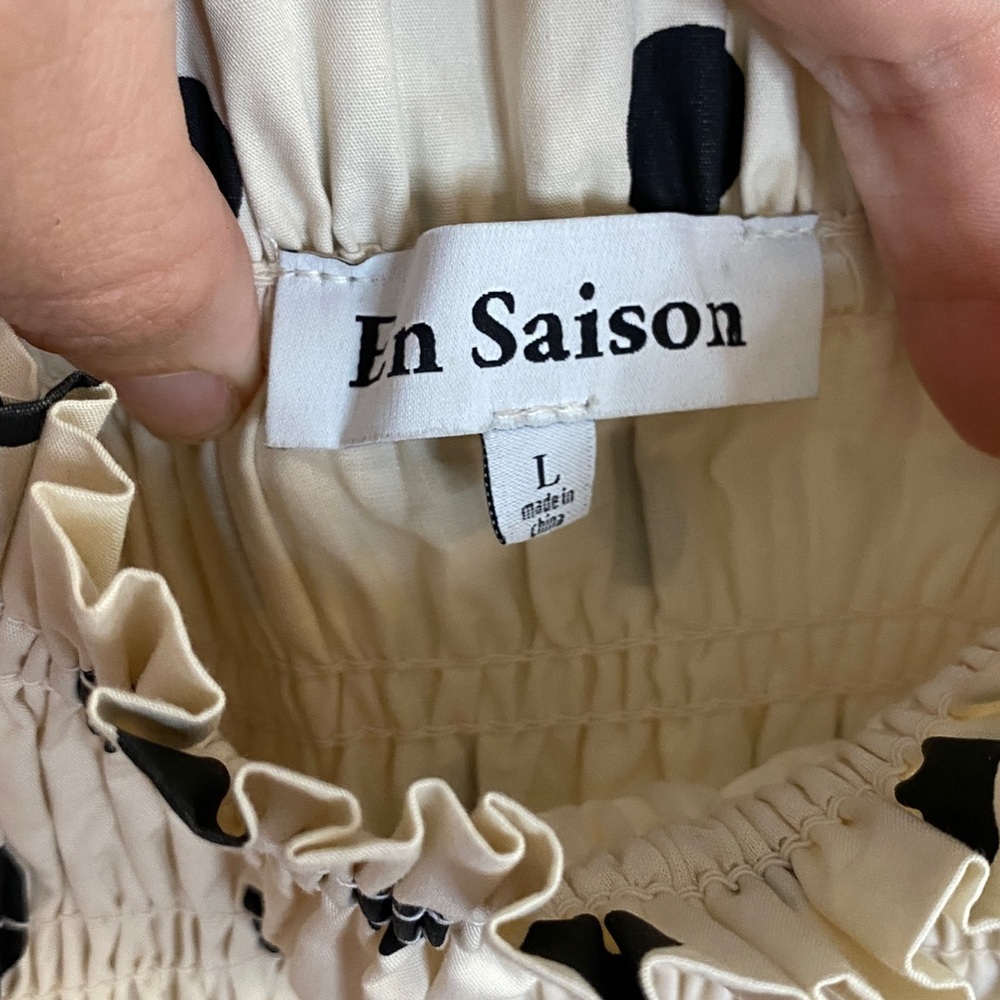 En Saison Black and Cream Polka Dot Midi Dress Smoked Tiered Cottagecore Large - Picture 4 of 8